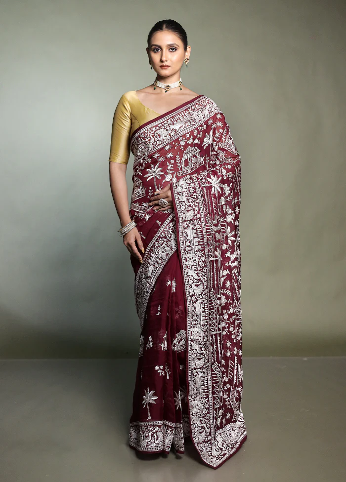 Brown Handloom Pure Georgette Saree With Blouse Piece - Image 2