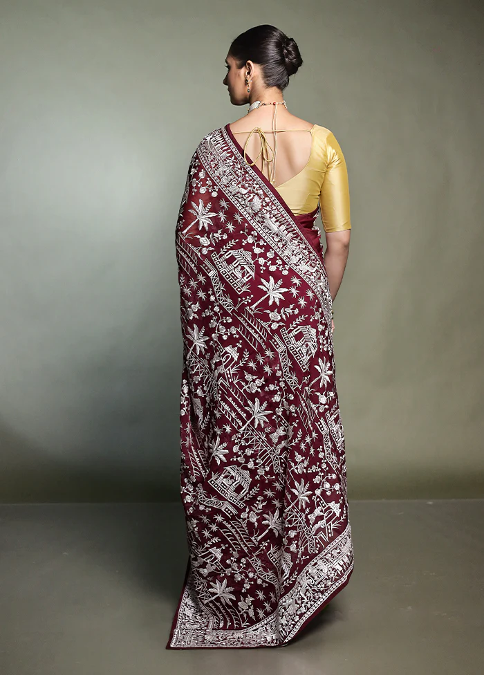 Brown Handloom Pure Georgette Saree With Blouse Piece - Image 3