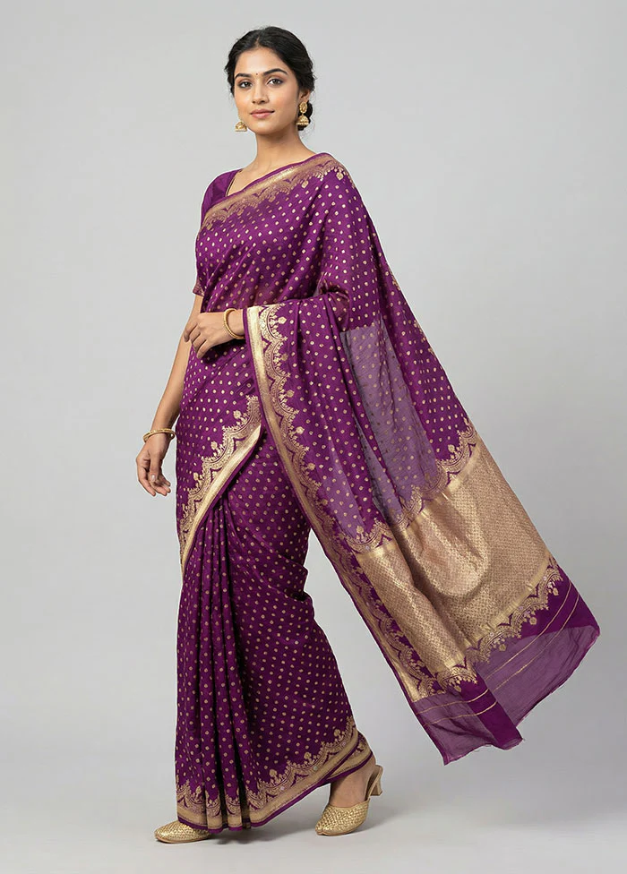 Purple Handloom Pure Georgette Saree With Blouse Piece