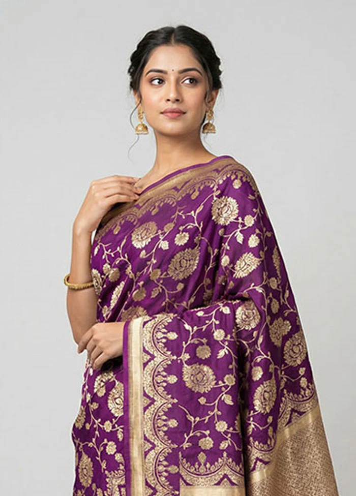 Purple Handloom Pure Georgette Saree With Blouse Piece - Image 2