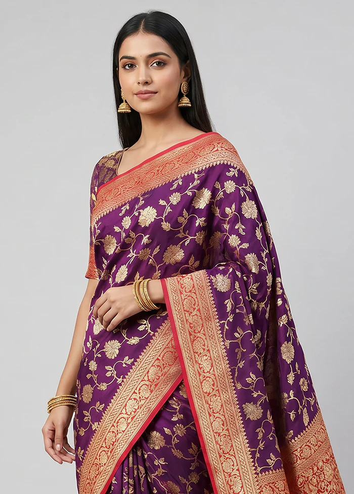 Purple Handloom Pure Georgette Saree With Blouse Piece - Image 2