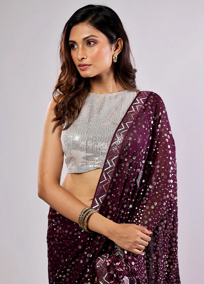 Purple Handloom Pure Georgette Saree With Blouse Piece - Image 2