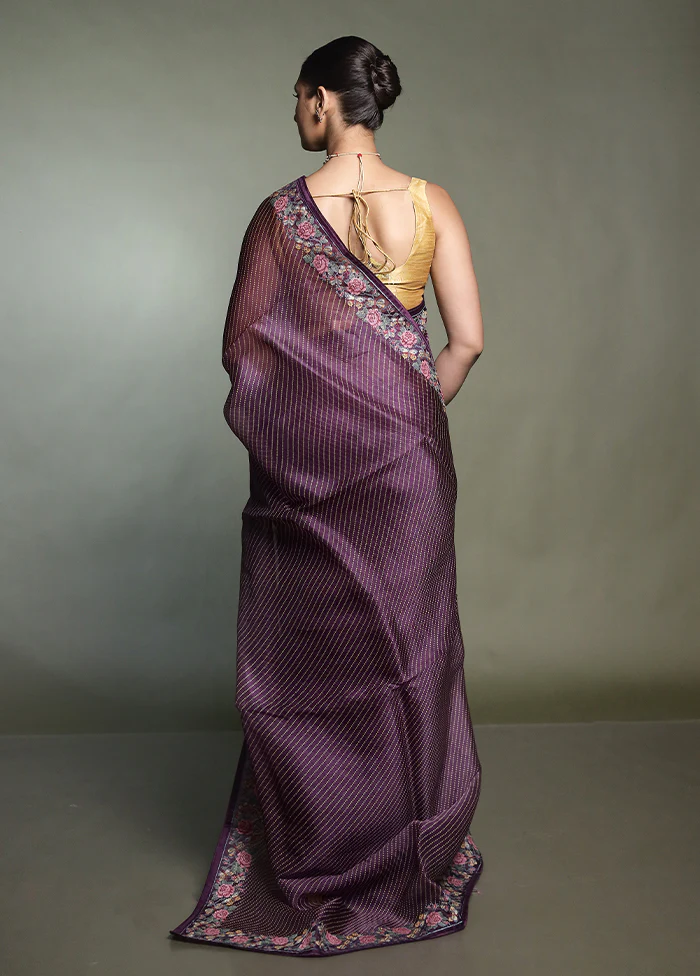 Purple Handloom Pure Organza Saree With Blouse Piece - Image 3