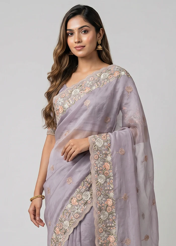 Purple Handloom Pure Organza Saree With Blouse Piece - Image 2