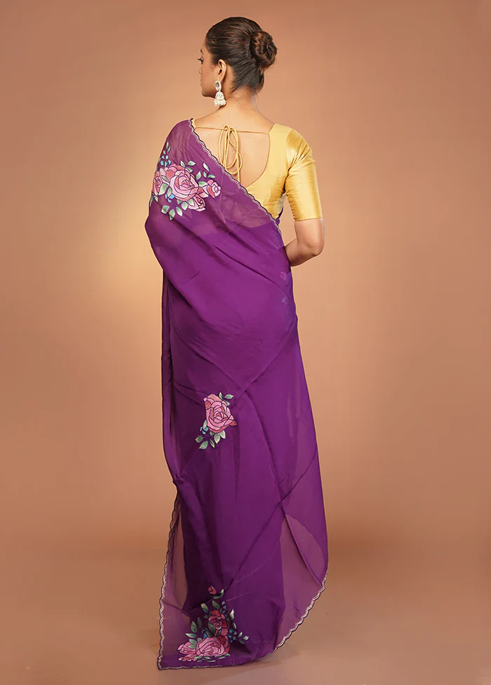 Purple Handloom Pure Organza Saree With Blouse Piece - Image 3