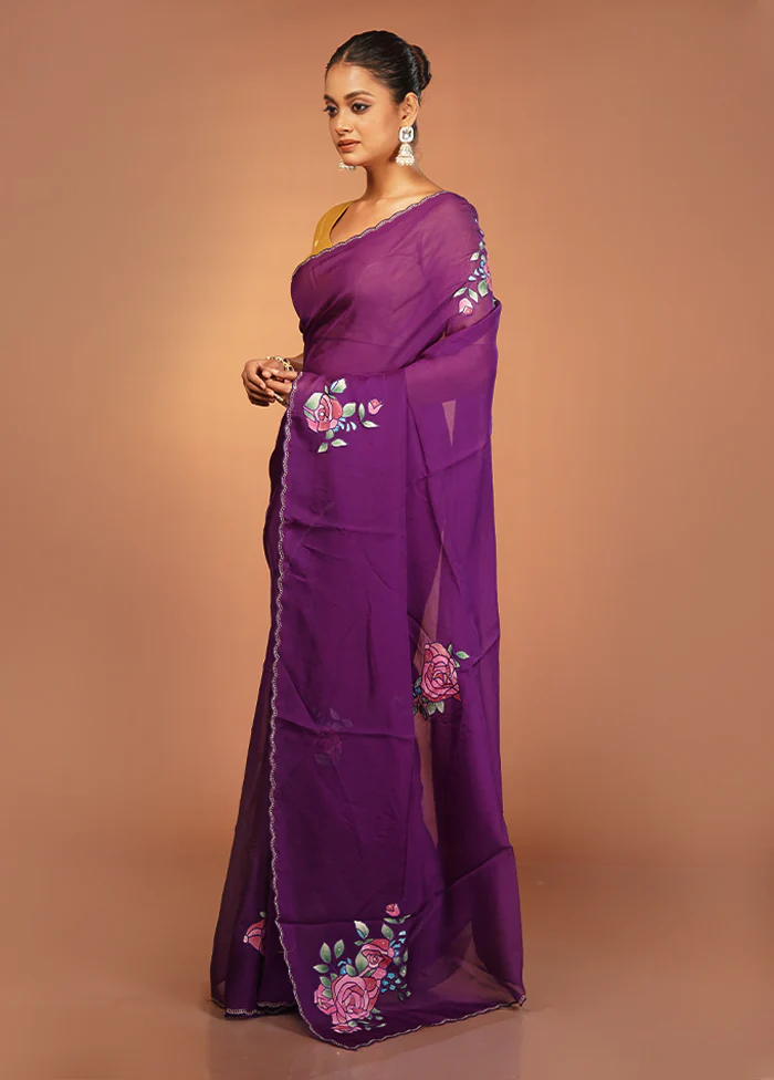 Purple Handloom Pure Organza Saree With Blouse Piece - Image 4