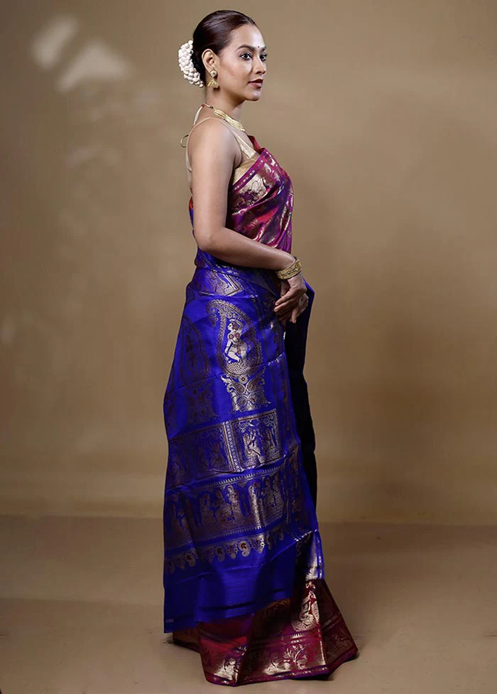 Purple Handloom Swarnachuri Pure Silk Saree With Blouse Piece - Image 4