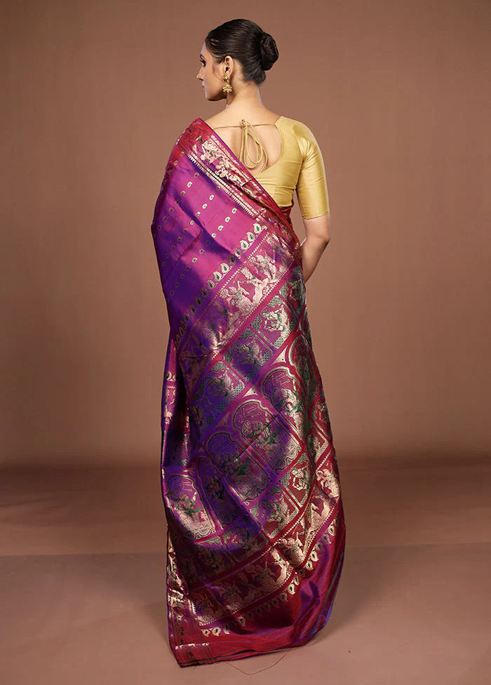 Purple Handloom Swarnachuri Pure Silk Saree With Blouse Piece - Image 3