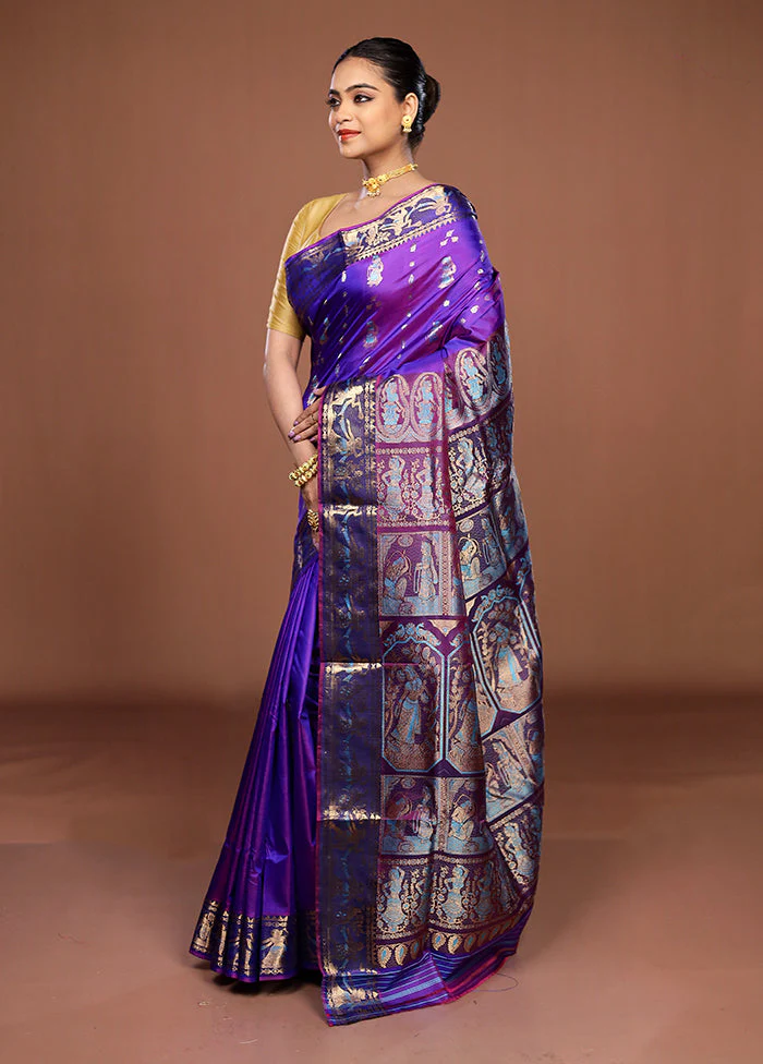 Purple Handloom Swarnachuri Pure Silk Saree With Blouse Piece - Image 4