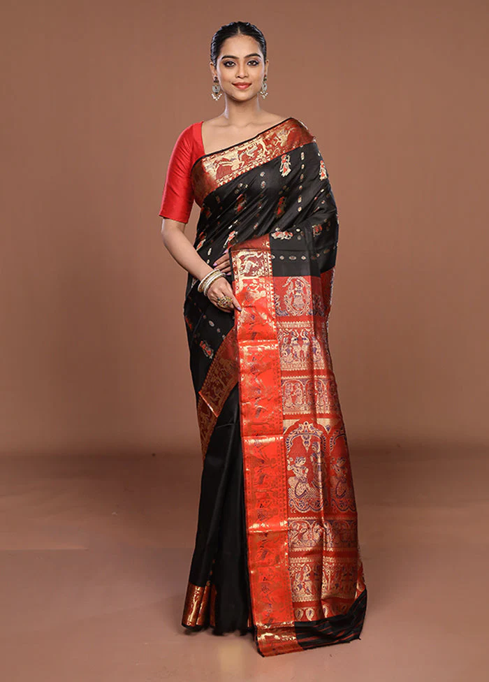 Black Handloom Swarnachuri Pure Silk Saree With Blouse Piece - Image 2