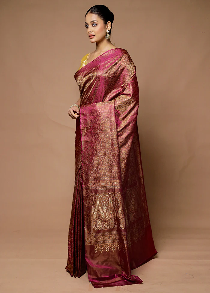 Purple Handloom Tanchoi Pure Silk Saree With Blouse Piece - Image 4