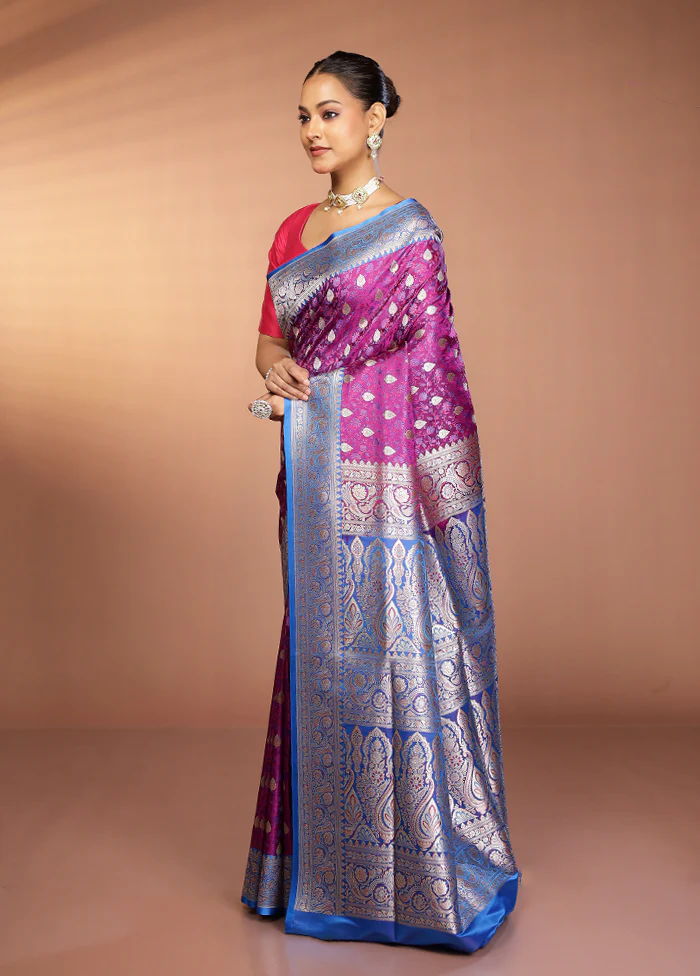 Purple Handloom Tanchoi Pure Silk Saree With Blouse Piece - Image 4