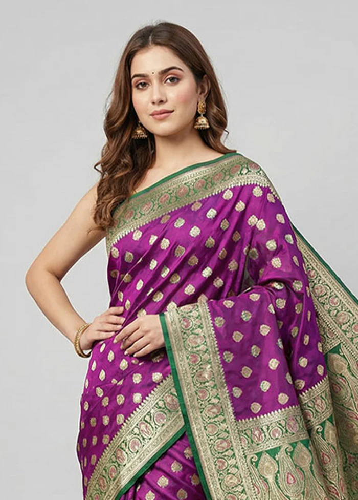 Purple Handloom Tanchoi Pure Silk Saree With Blouse Piece - Image 2