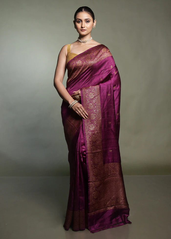 Purple Handloom Tussar Pure Silk Saree With Blouse Piece - Image 2