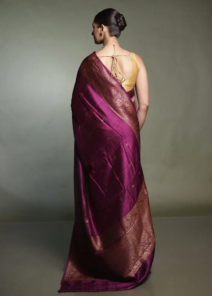Purple Handloom Tussar Pure Silk Saree With Blouse Piece - Image 3