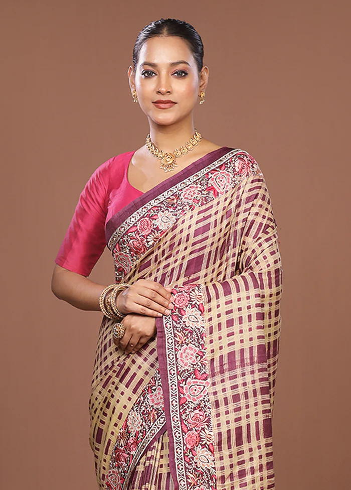 Purple Handloom Tussar Pure Silk Saree With Blouse Piece