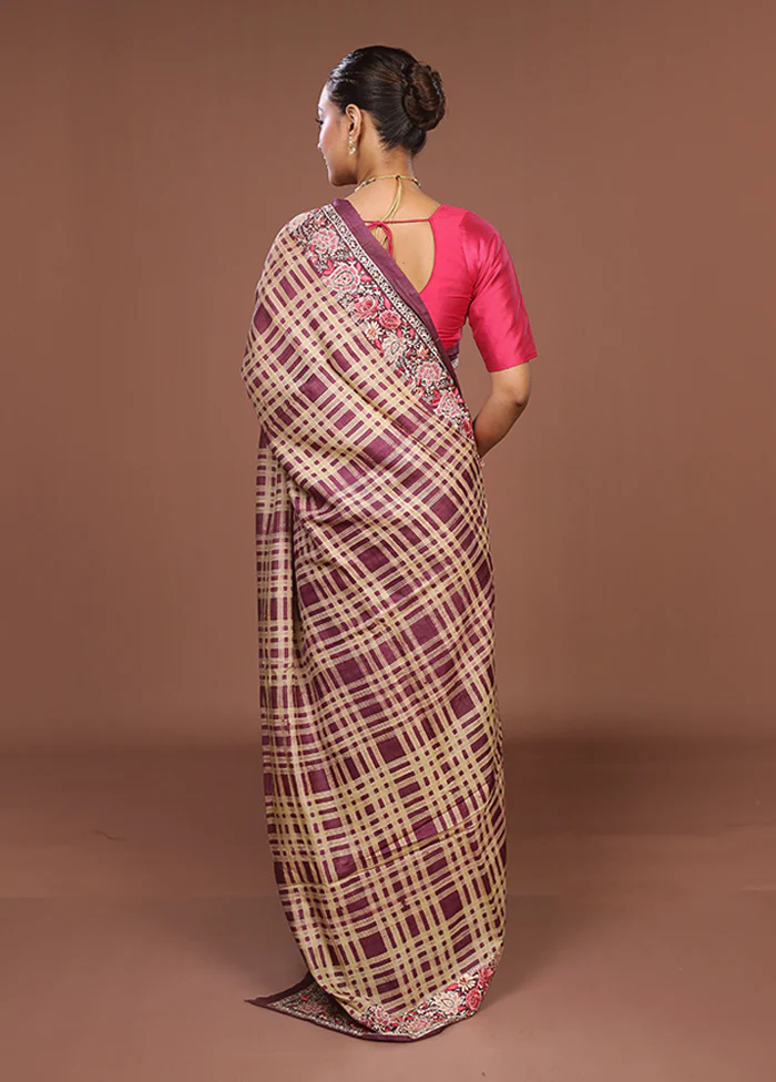 Purple Handloom Tussar Pure Silk Saree With Blouse Piece - Image 3