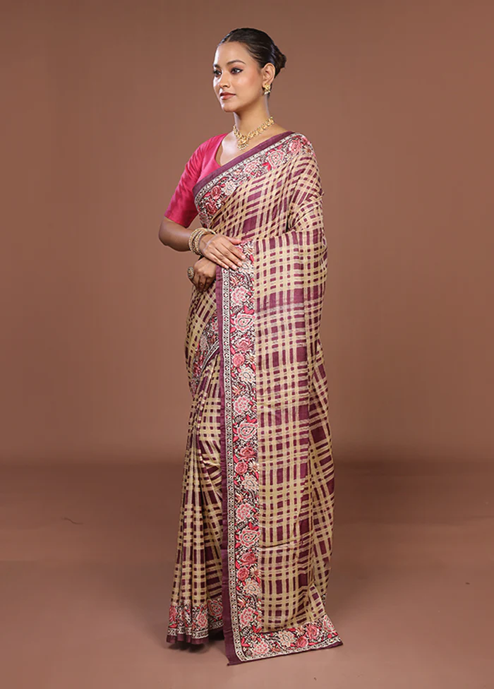 Purple Handloom Tussar Pure Silk Saree With Blouse Piece - Image 4