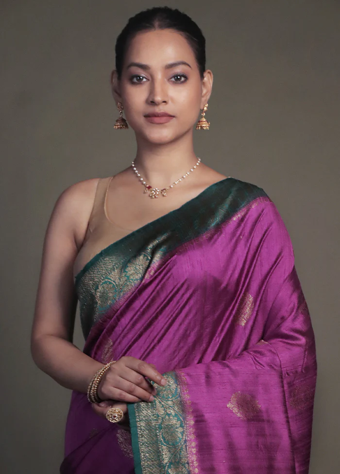 Purple Handloom Tussar Pure Silk Saree With Blouse Piece - Image 2