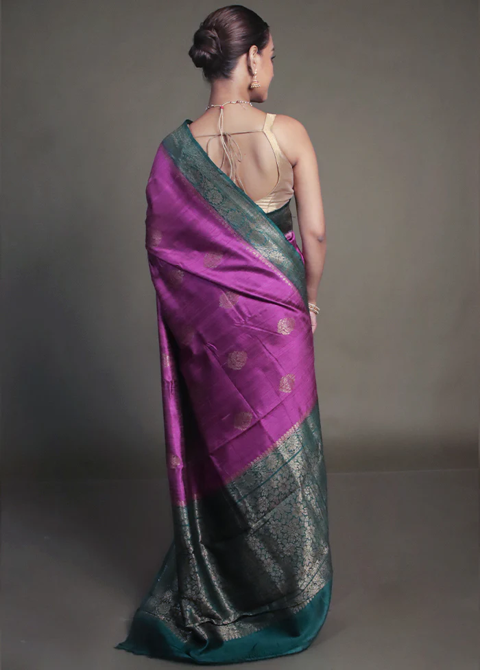 Purple Handloom Tussar Pure Silk Saree With Blouse Piece - Image 3