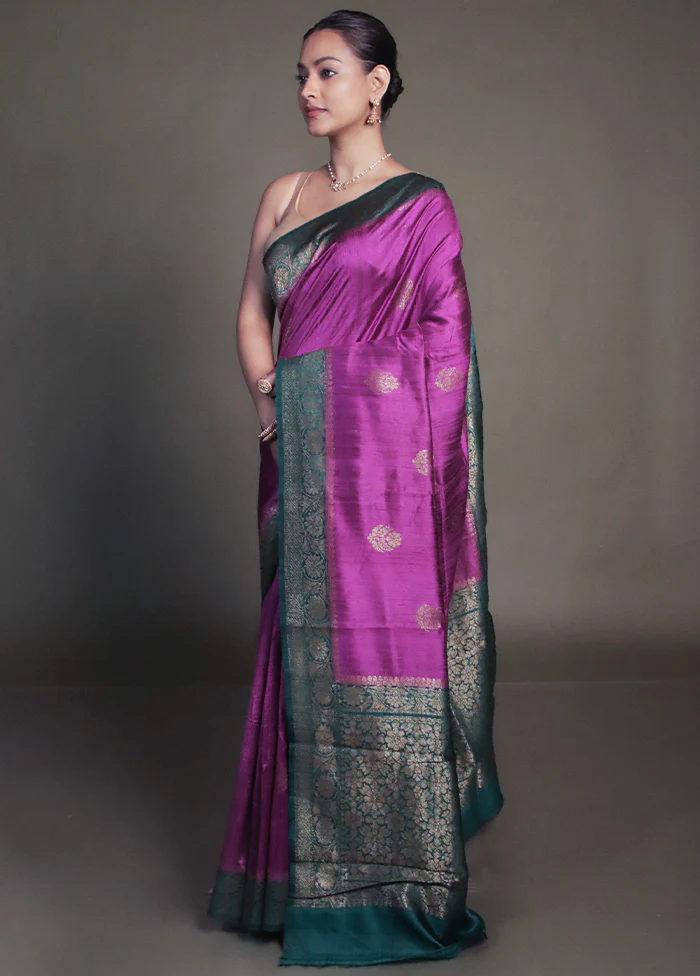 Purple Handloom Tussar Pure Silk Saree With Blouse Piece - Image 4
