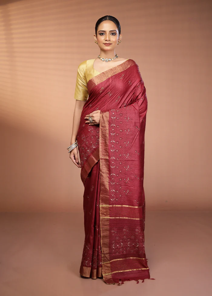 Purple Handloom Tussar Pure Silk Saree With Blouse Piece - Image 2