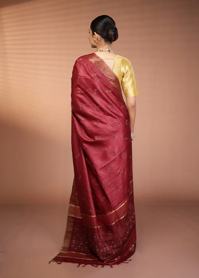 Purple Handloom Tussar Pure Silk Saree With Blouse Piece - Image 3