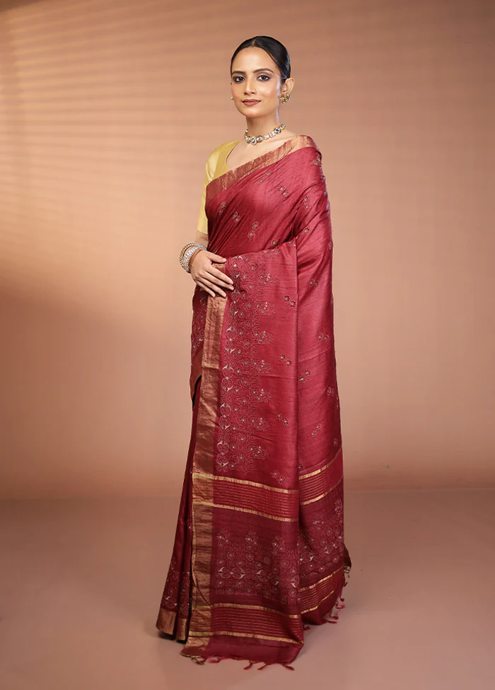 Purple Handloom Tussar Pure Silk Saree With Blouse Piece - Image 4