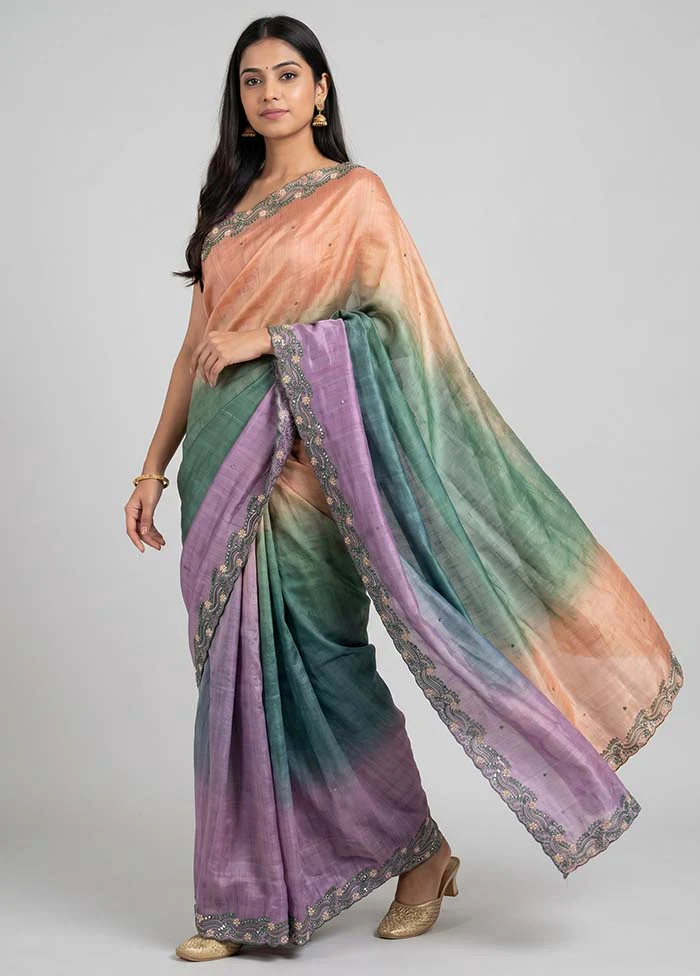 Purple Handloom Tussar Pure Silk Saree With Blouse Piece