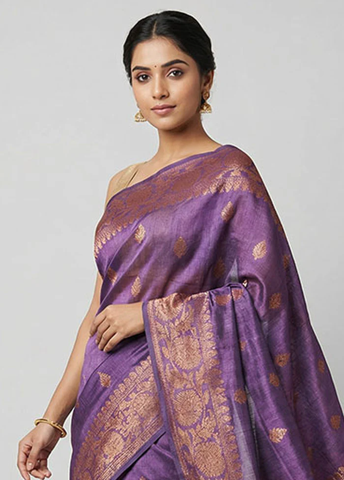 Purple Handloom Tussar Pure Silk Saree With Blouse Piece - Image 2