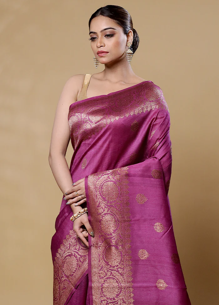 Purple Handloom Tussar Pure Silk Saree With Blouse Piece