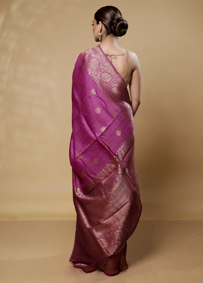 Purple Handloom Tussar Pure Silk Saree With Blouse Piece - Image 3