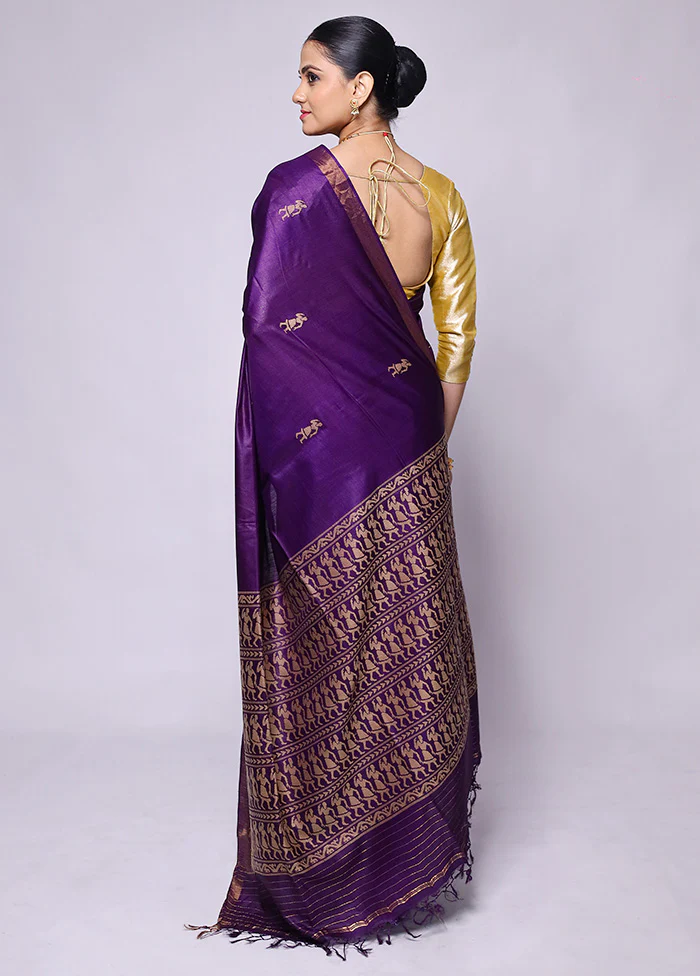 Purple Handloom Tussar Pure Silk Saree With Blouse Piece - Image 3