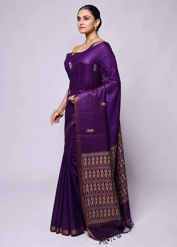 Purple Handloom Tussar Pure Silk Saree With Blouse Piece - Image 4