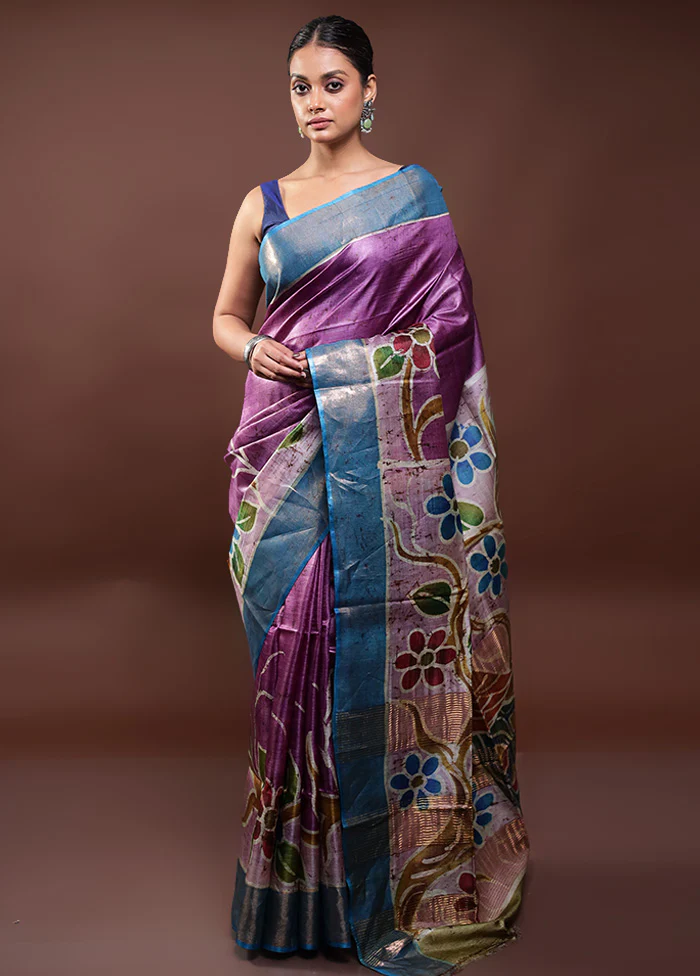 Purple Handloom Tussar Pure Silk Saree With Blouse Piece
