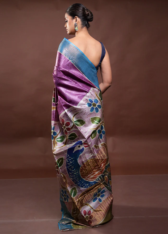 Purple Handloom Tussar Pure Silk Saree With Blouse Piece - Image 3