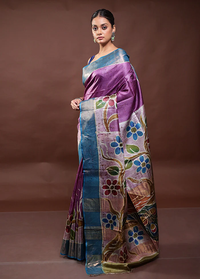 Purple Handloom Tussar Pure Silk Saree With Blouse Piece - Image 4