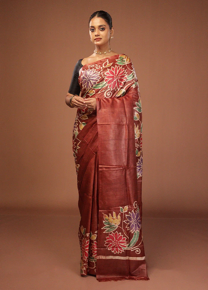 Brown Handloom Tussar Pure Silk Saree With Blouse Piece - Image 2