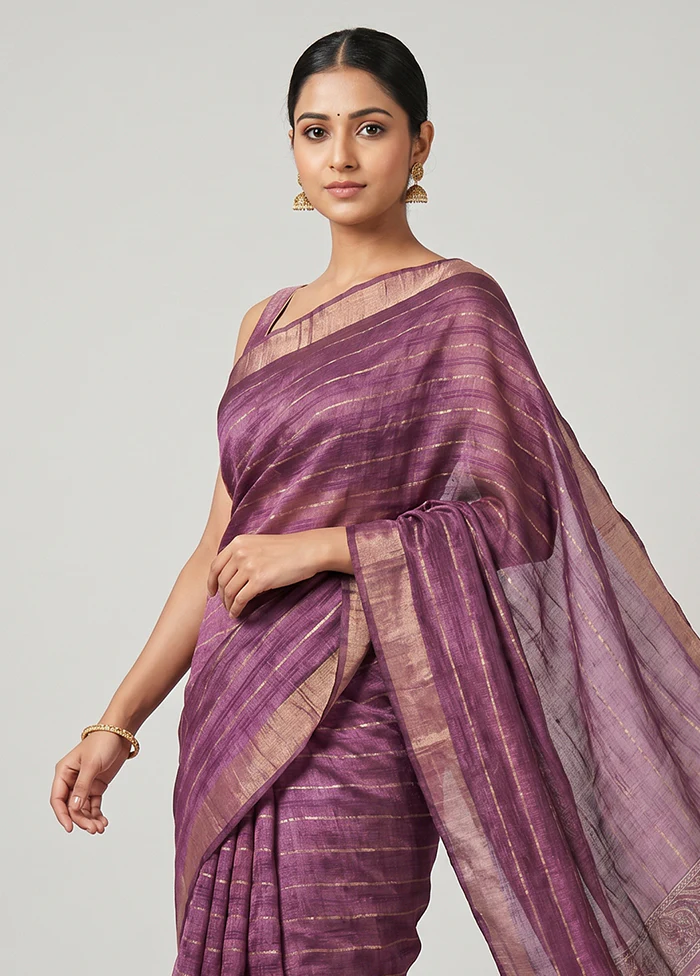 Purple Handloom Tussar Pure Silk Saree With Blouse Piece - Image 2
