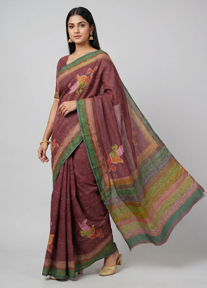 Purple Handloom Tussar Pure Silk Saree With Blouse Piece