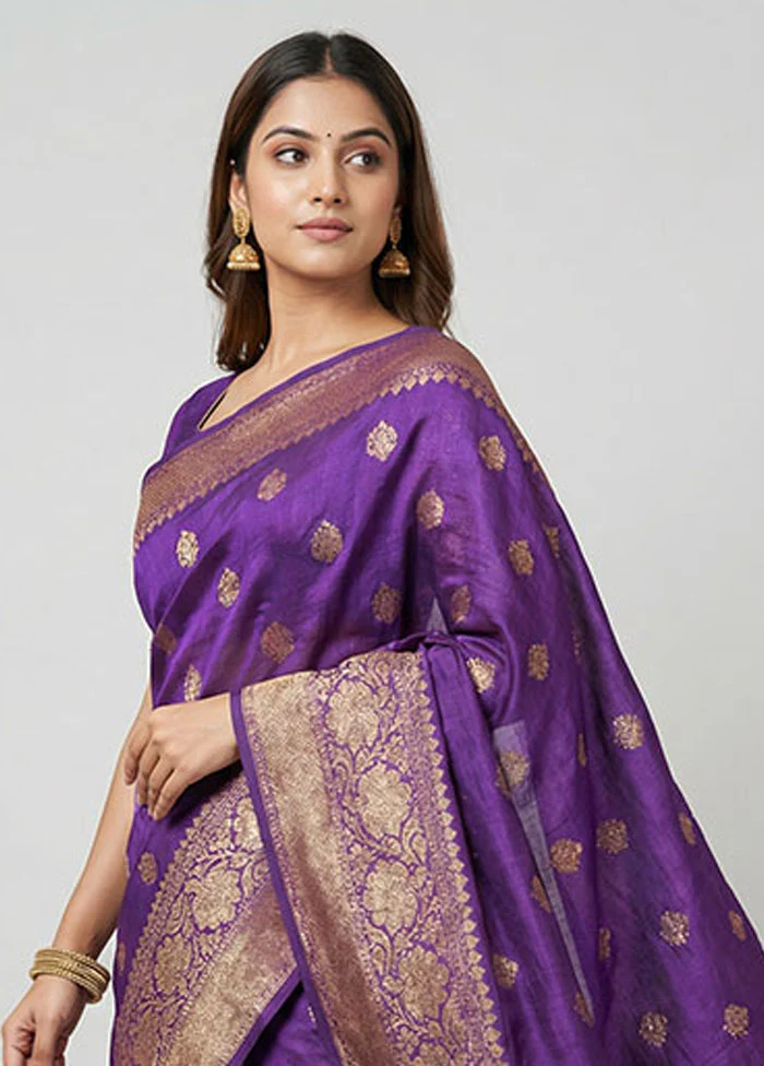 Purple Handloom Tussar Pure Silk Saree With Blouse Piece - Image 2