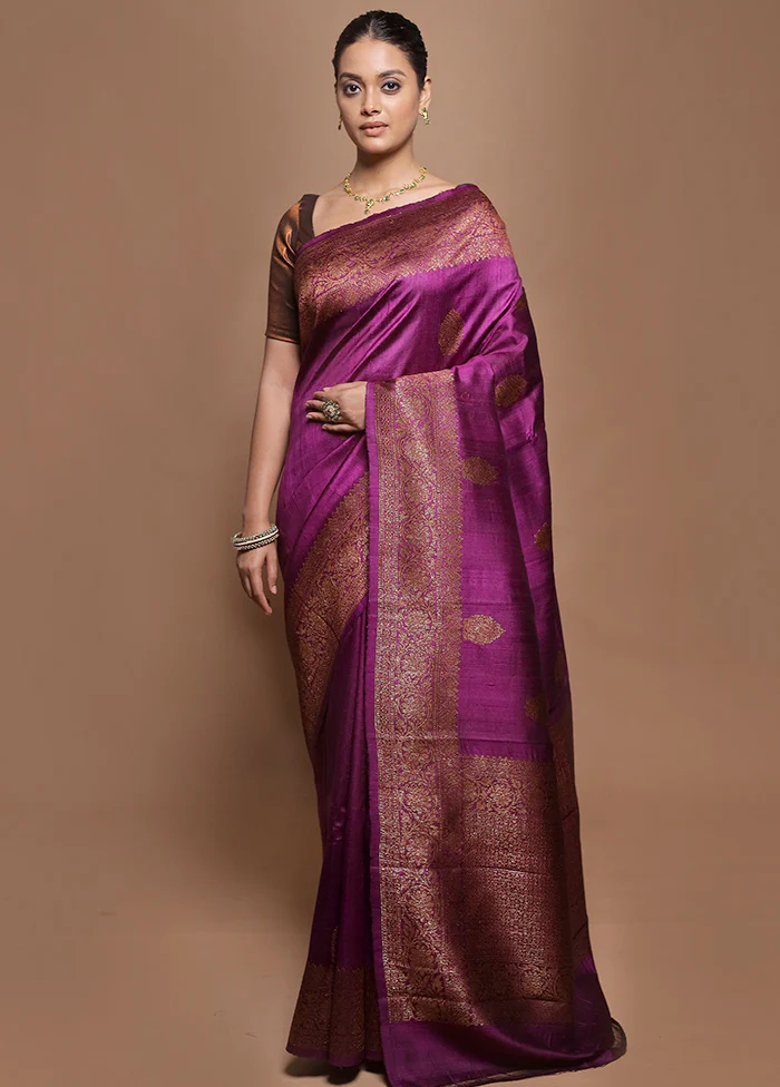 Purple Handloom Tussar Pure Silk Saree With Blouse Piece