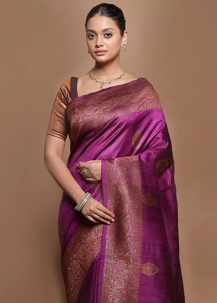 Purple Handloom Tussar Pure Silk Saree With Blouse Piece - Image 2