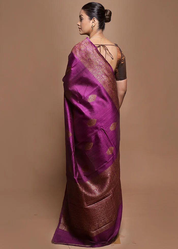Purple Handloom Tussar Pure Silk Saree With Blouse Piece - Image 3