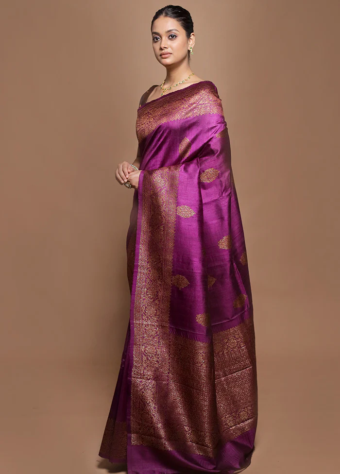 Purple Handloom Tussar Pure Silk Saree With Blouse Piece - Image 4