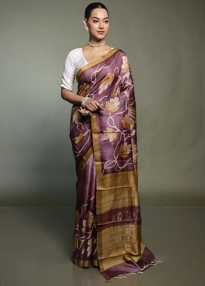 Purple Handloom Tussar Pure Silk Saree With Blouse Piece - Image 2