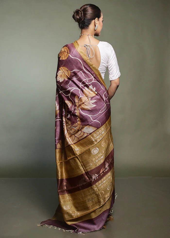 Purple Handloom Tussar Pure Silk Saree With Blouse Piece - Image 3