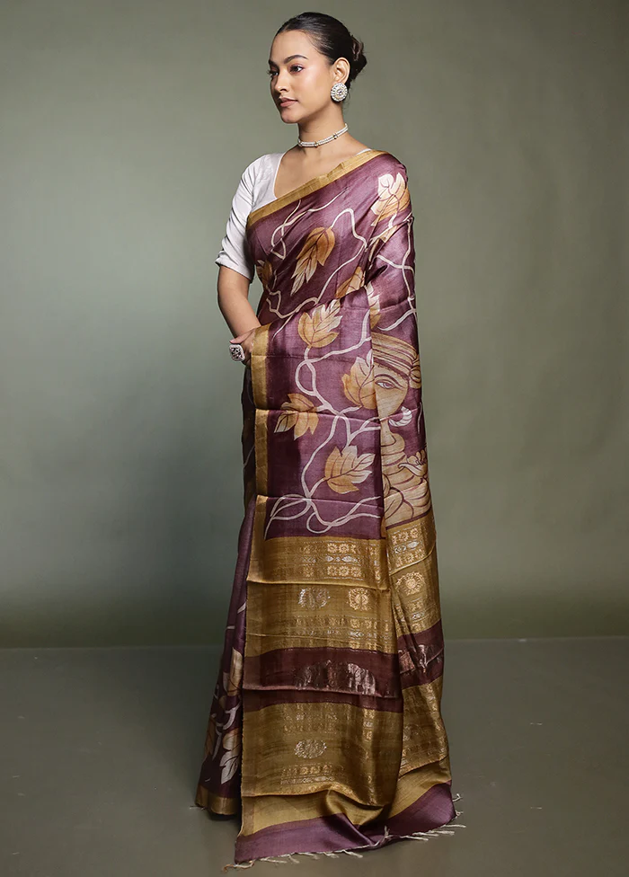 Purple Handloom Tussar Pure Silk Saree With Blouse Piece - Image 4