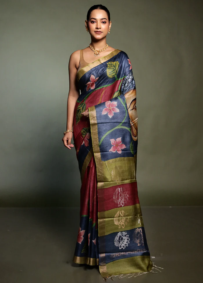 Purple Handloom Tussar Pure Silk Saree With Blouse Piece - Image 2