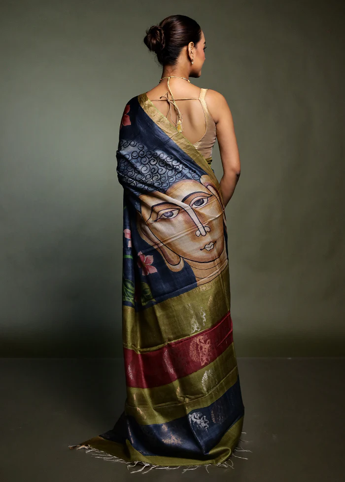 Purple Handloom Tussar Pure Silk Saree With Blouse Piece - Image 3